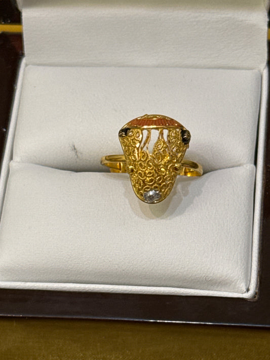 Contemporary Open Gallery Hand Made Index or Second Finger Ring with 3 color Enamel for Wedding or Party 22K Gold Size adjustable 5-12, 2.9g  SKU: R0187W