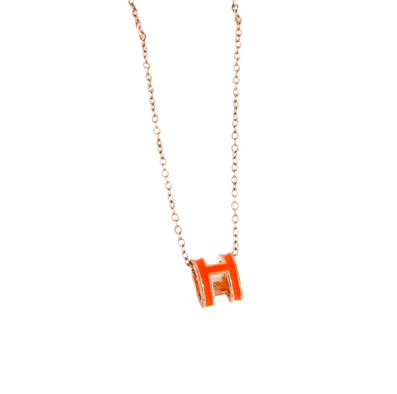 Designer Inspired Gold Plated Titanium Steel Modern “H” letter Enamel in Orange Pendent with Chain