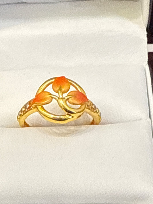 Orange Enameled Leaves with Rhodium Plated design 22K Gold RingSize 7.5, 3.0g  SKU: R0194W
