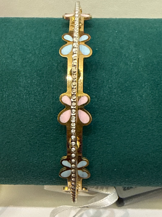 Oro - Italian Designer 22K in two Color Enamel (Pink & Blue) with Rhodium Plated Bangle. 24.26g, 2.6 inches -  SKU: BA027