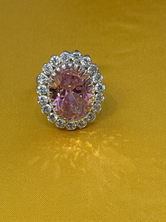 Designer Inspired One-of-a-Kind Halo Cocktail Ring Pink Crystal 6 CT 3 CT White Spinel Set in Sterling Silver Size: 7 Weight: 8.2 SKU: RS002W