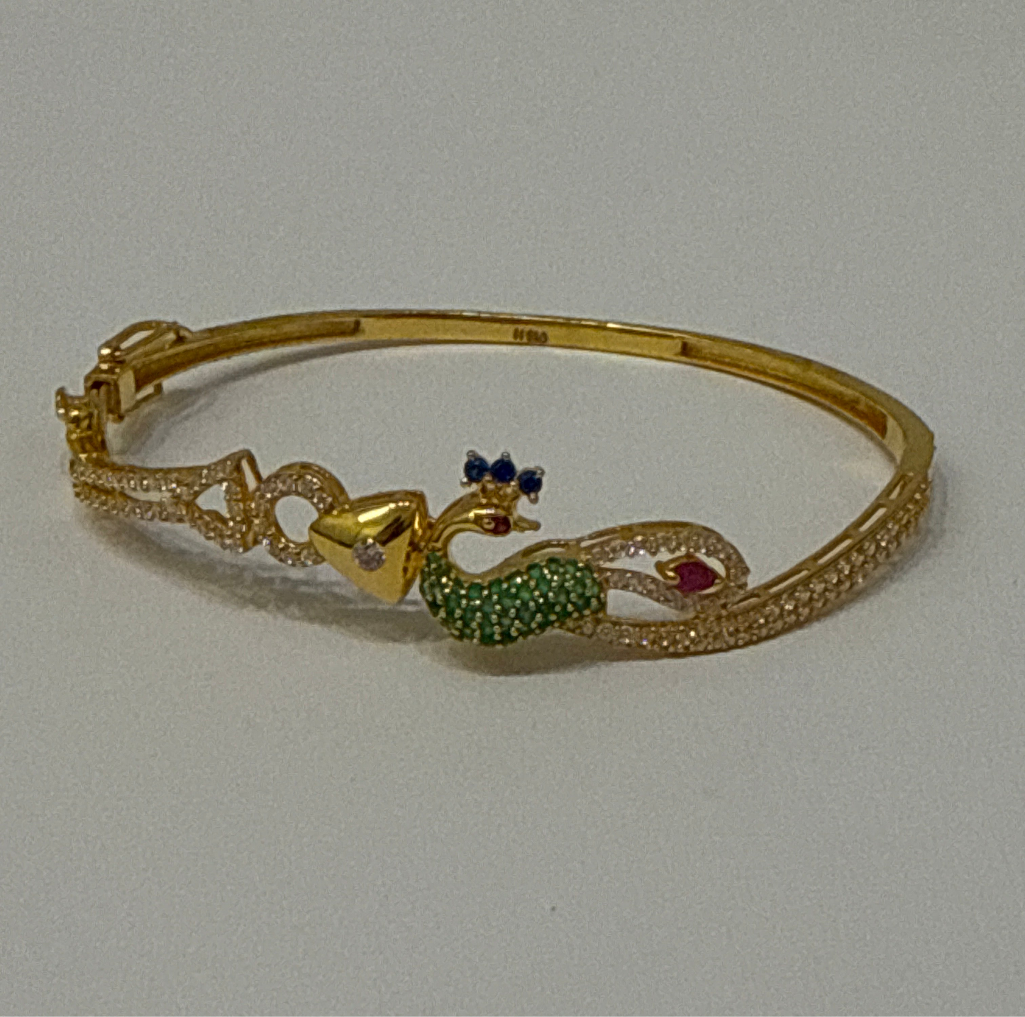 Dancing Peacock in Love Decorated with Ruby, Emerald, Sapphire and Crystals in Custom Design  22K in Yellow Gold with Double Safety Lock VIP Bangle - 11.9g SKU:BR0036BB