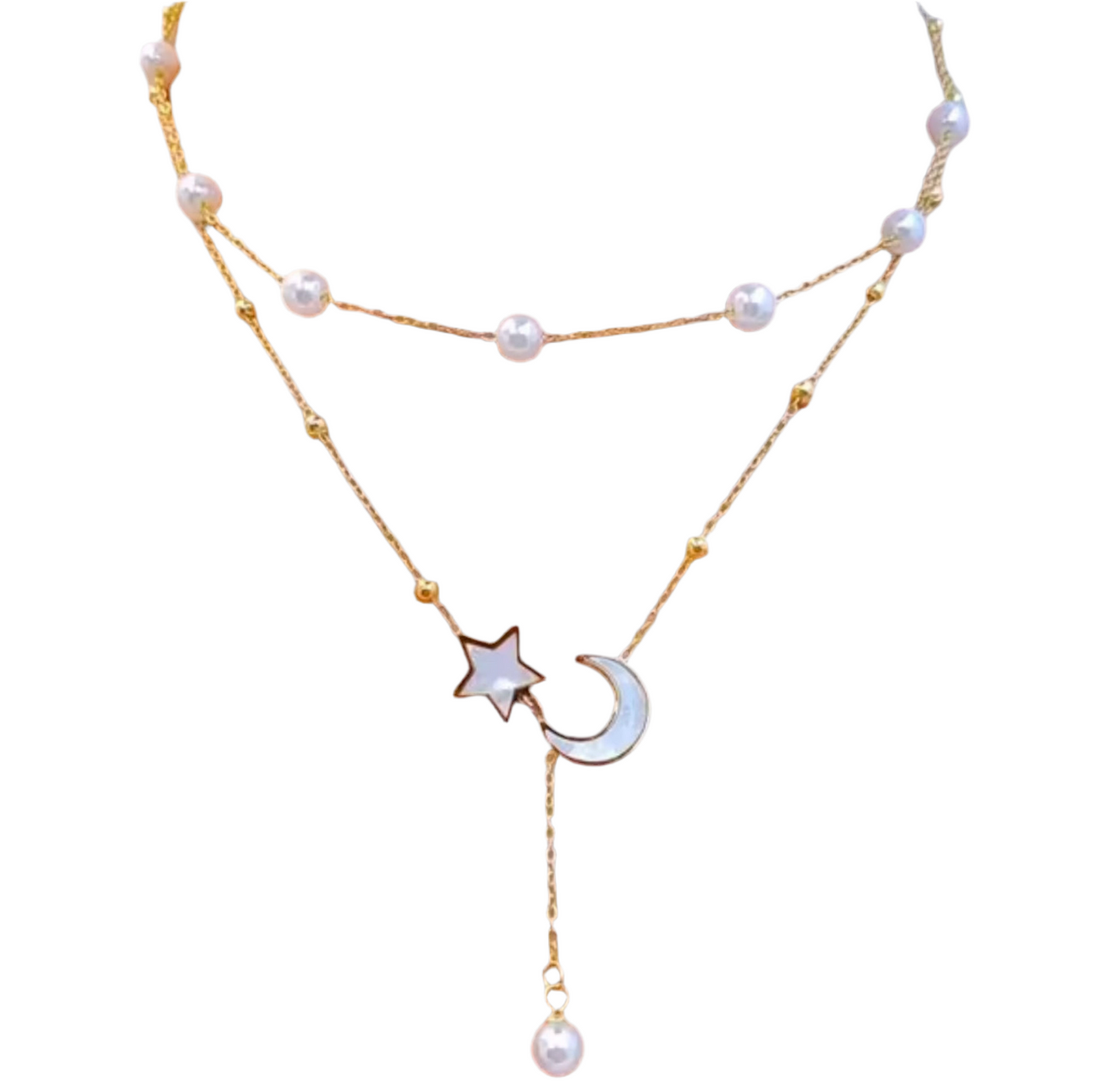 Moon & stars natural pearls, mother of pearls design in 18k Gold Sterling Silver Necklace - no Fade, no lead (pro 65 compliant)