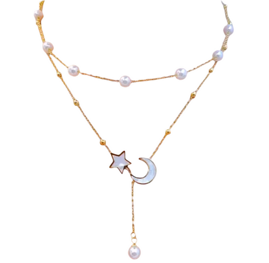 Moon & stars natural pearls, mother of pearls design in 18k Gold Sterling Silver Necklace - no Fade, no lead (pro 65 compliant)