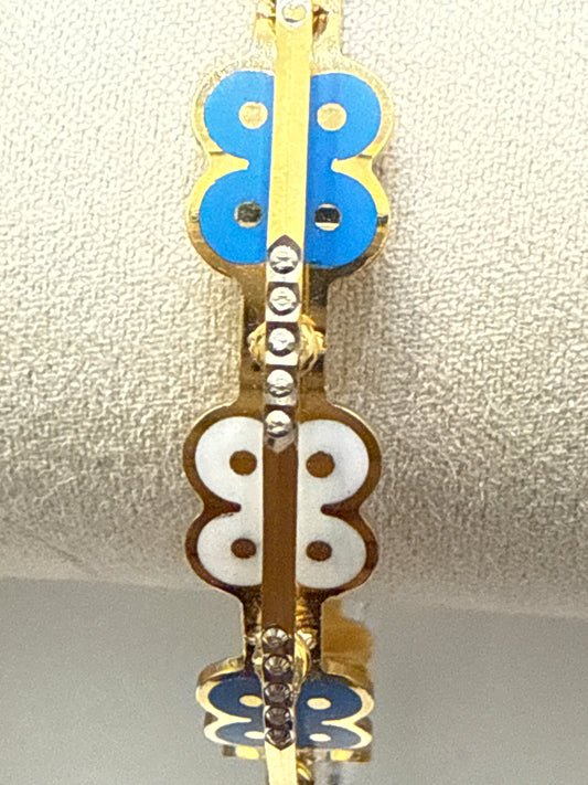 Oro - Italian Designer 22K in two Color Enamel (Blue & White) with Rhodium Plated Bangle. 25.16g, 2.6 inches -  SKU: BA030