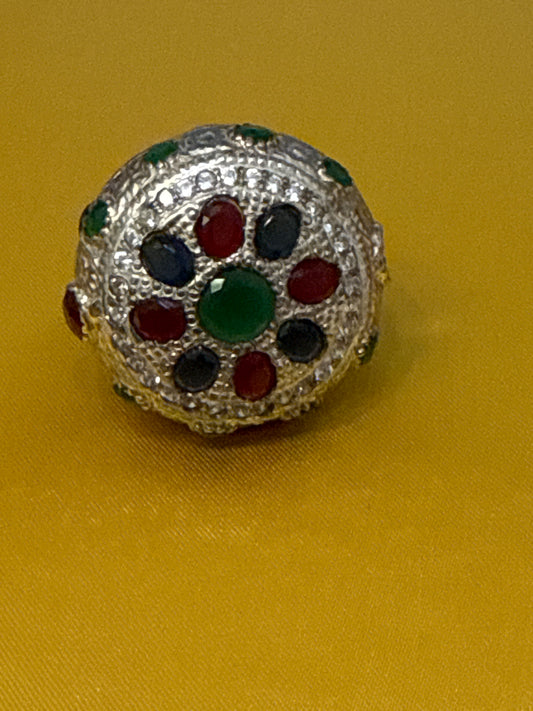 Traditional Rajasthani / Afghani One-of-a-Kind Cocktail Ring with 10 CWT Ruby, Sapphire, Emerald, IOLITE and Spinel in Sterling Silver Size: 10 Weight: 14.7 SKU: RS004W