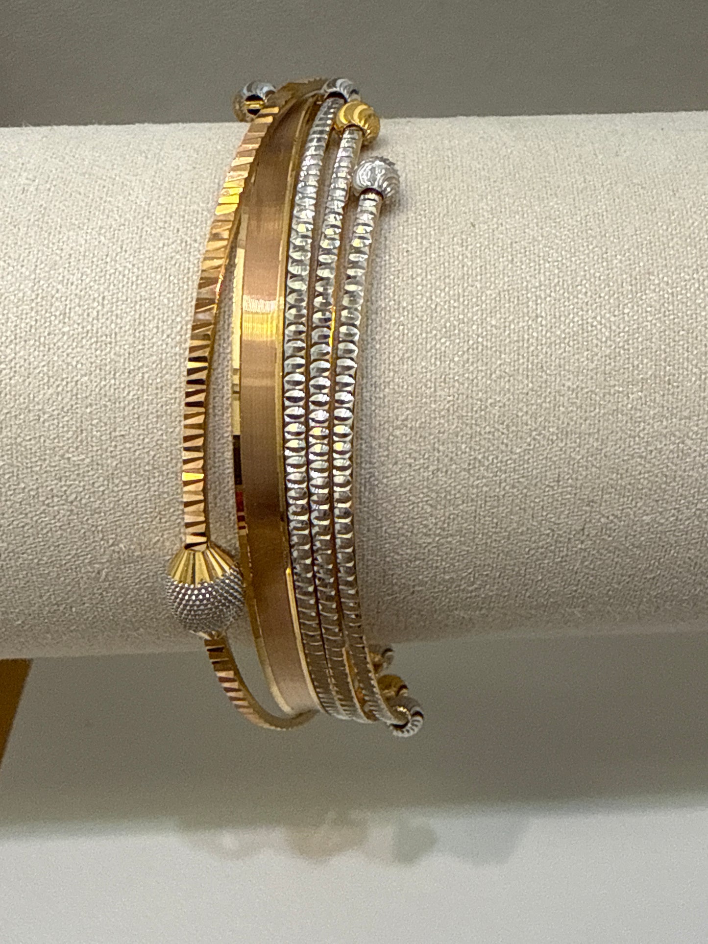 ORO Italian Designer 22K Yellow Gold with Gold decorative Beads with Rose Gold and Rhodium Accent Stackable Bangle 2.6 inches - 28.0g SKU:BR0067O