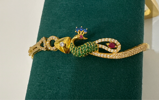 Dancing Peacock in Love Decorated with Ruby, Emerald, Sapphire and Crystals in Custom Design  22K in Yellow Gold with Double Safety Lock VIP Bangle - 11.9g SKU:BR0036BB