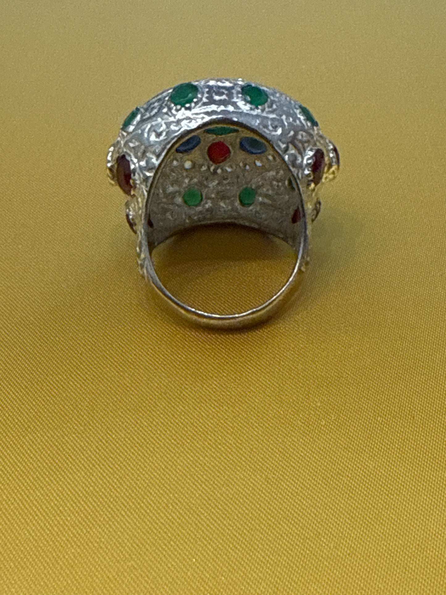Traditional Rajasthani / Afghani One-of-a-Kind Cocktail Ring with 10 CWT Ruby, Sapphire, Emerald, IOLITE and Spinel in Sterling Silver Size: 10 Weight: 14.7 SKU: RS004W