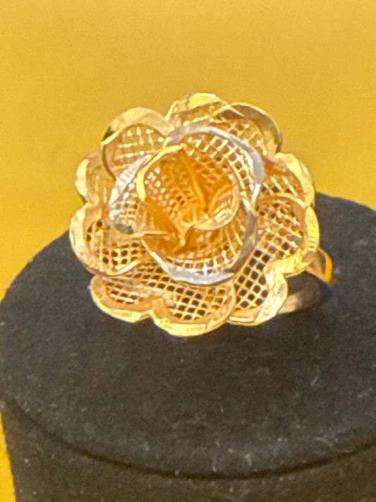 3d Flower in Rose Gold and Rhodium Plated Design a True Masterpiece in Modren Contemporary Design 22K Gold Size 6.5, 4.3g  SKU: R0158W