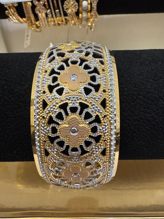 ORO Italian Designer 22K Yellow Gold decorated with Rhodium Stackable Bangle 2.6 inches - 51.2g SKU:BR0020O