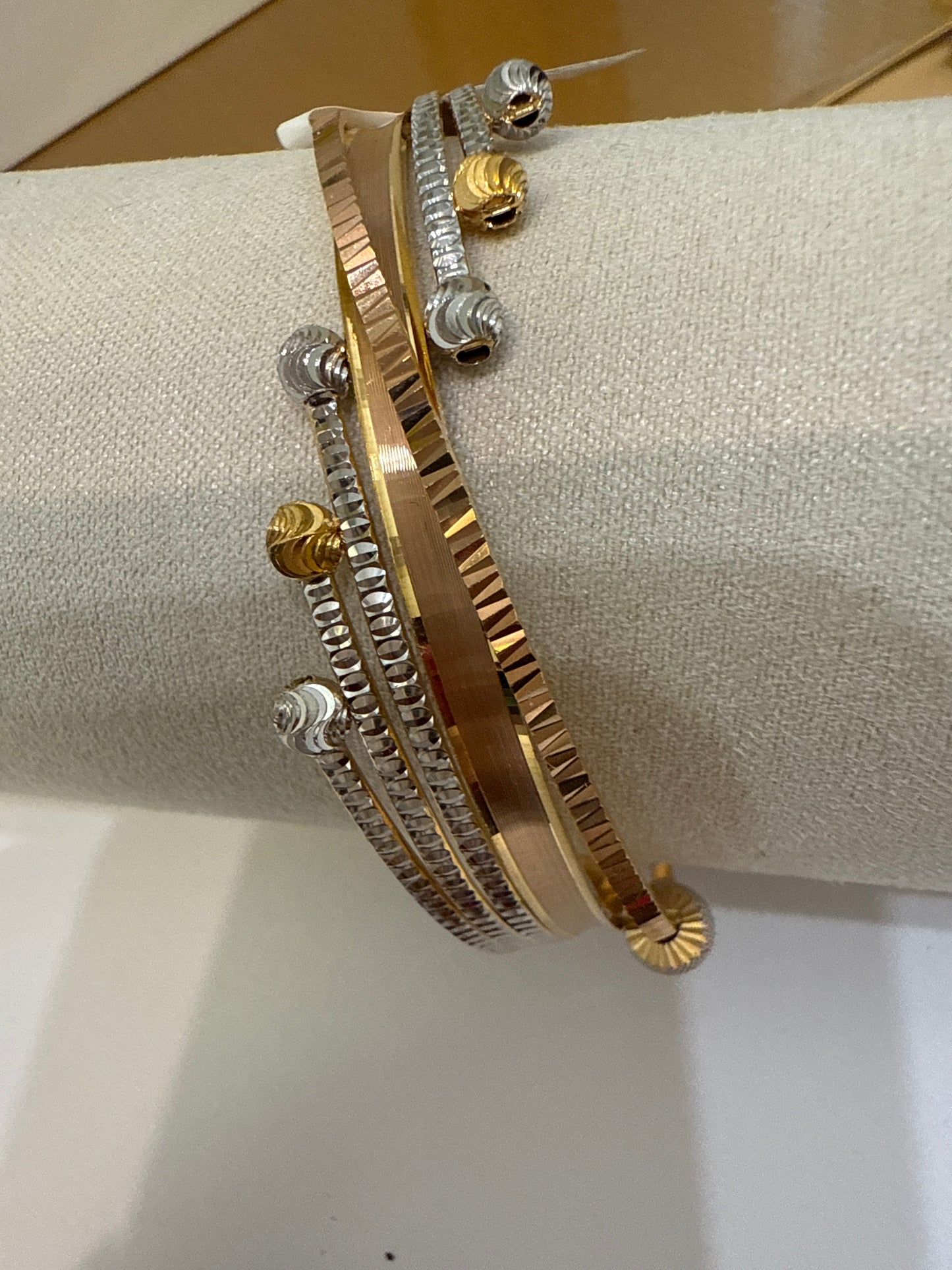 ORO Italian Designer 22K Yellow Gold with Gold decorative Beads with Rose Gold and Rhodium Accent Stackable Bangle 2.6 inches - 28.0g SKU:BR0067O