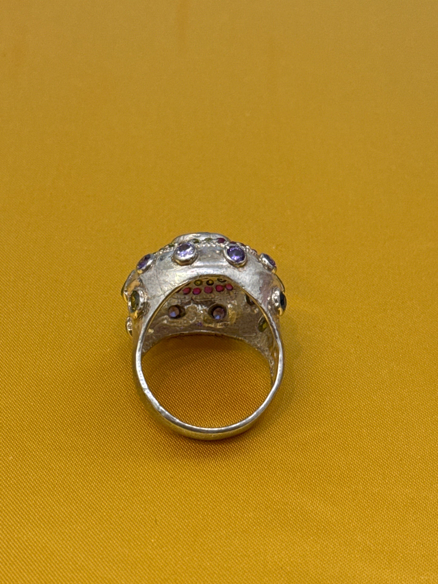 Traditional Rajasthani / Afghani One-of-a-Kind Cocktail Ring with 10 CWT Ruby, Peridot, IOLITE and Spinel in Sterling Silver Size: 10.5 Weight: 10.8 SKU: RS005W