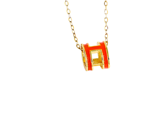 Designer Inspired Gold Plated Titanium Steel Modern “H” letter Enamel in Orange Pendent with Chain
