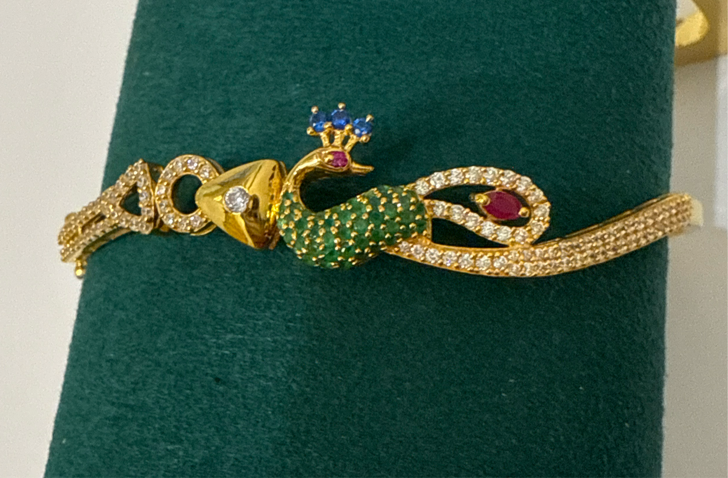 Dancing Peacock in Love Decorated with Ruby, Emerald, Sapphire and Crystals in Custom Design  22K in Yellow Gold with Double Safety Lock VIP Bangle - 11.9g SKU:BR0036BB