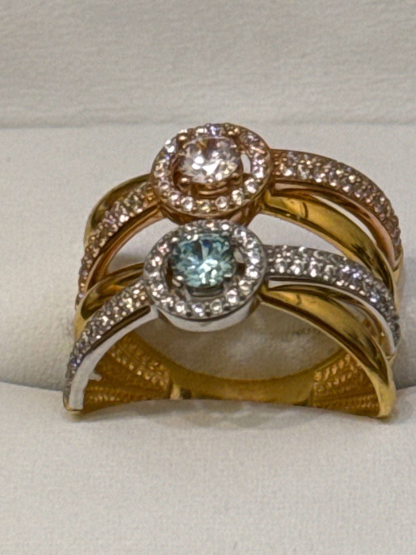 Band Halo Style with 1.7 CWT Blue Tourmaline and Rare Champagne Topaz and 1.2 Cat Spinel, Elegant Party Ring with a Modern Twist with 22K Gold Size 8.75, 7.2g  SKU: R0110 4.5 W