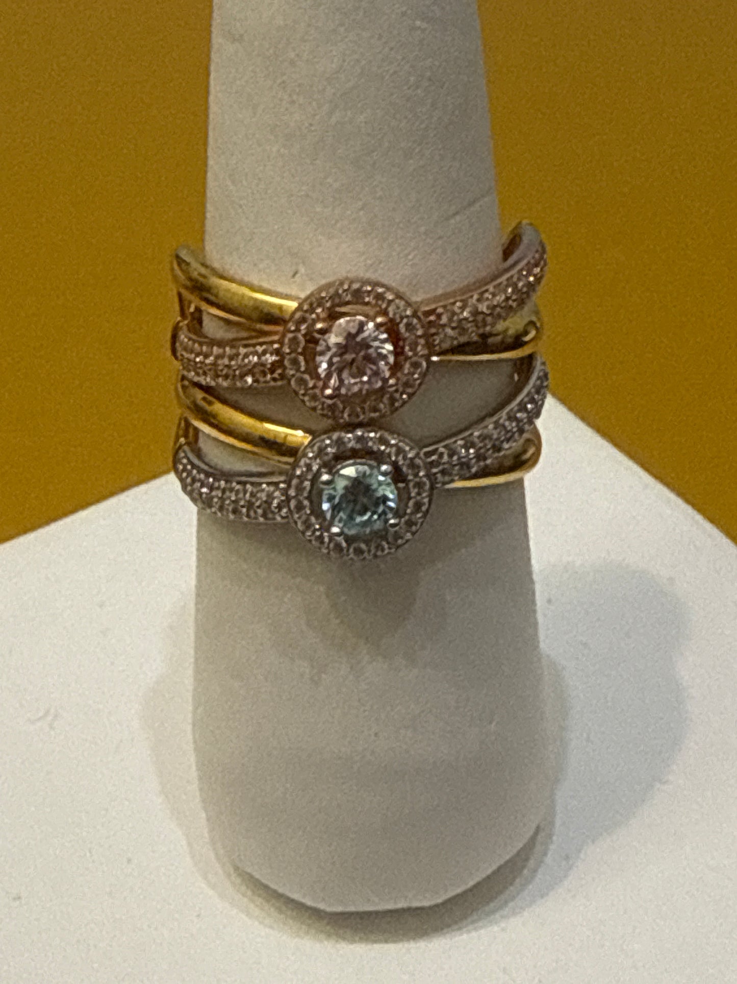 Band Halo Style with 1.7 CWT Blue Tourmaline and Rare Champagne Topaz and 1.2 Cat Spinel, Elegant Party Ring with a Modern Twist with 22K Gold Size 8.75, 7.2g  SKU: R0110 4.5 W