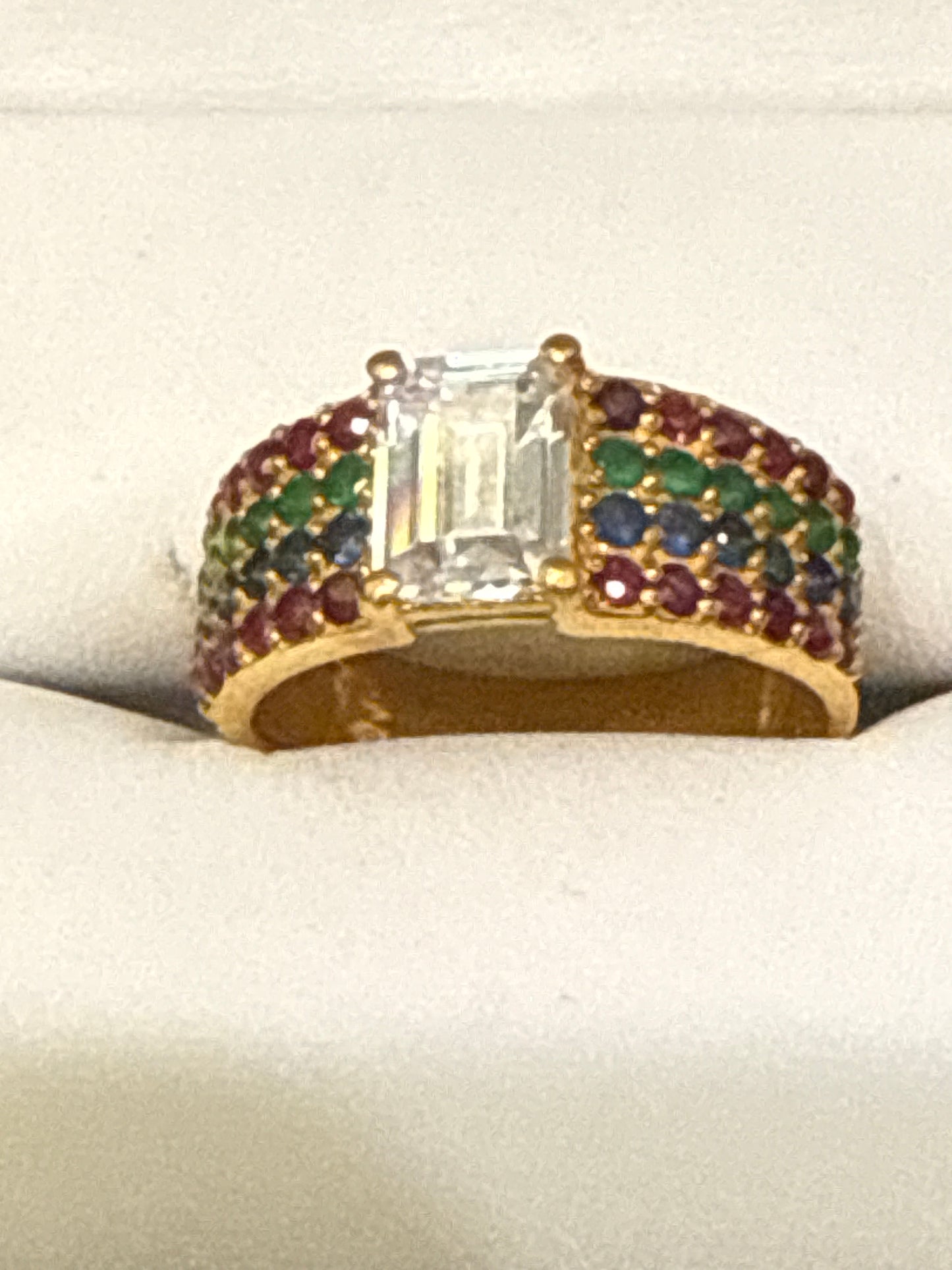 Unisex Ring with Classic Design with 2 CT of Solitaire Sapphire 1.5 CT Ruby 0.5 CT Emerald 0.5 CT Sapphire in 22K Gold with Size 8, 6.0g  SKU: R0222M