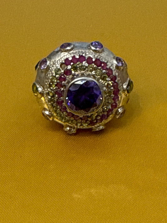 Traditional Rajasthani / Afghani One-of-a-Kind Cocktail Ring with 10 CWT Ruby, Peridot, IOLITE and Spinel in Sterling Silver Size: 10.5 Weight: 10.8 SKU: RS005W