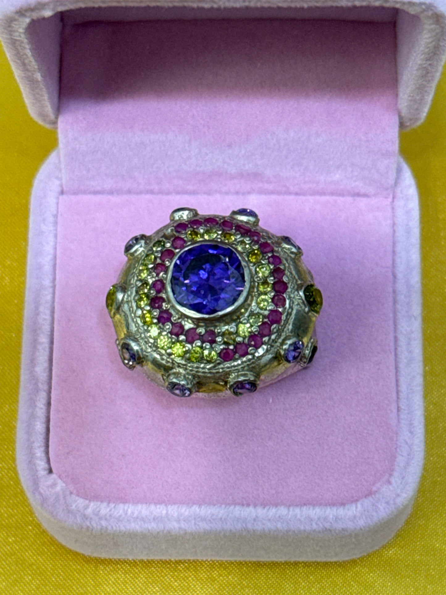 Traditional Rajasthani / Afghani One-of-a-Kind Cocktail Ring with 10 CWT Ruby, Peridot, IOLITE and Spinel in Sterling Silver Size: 10.5 Weight: 10.8 SKU: RS005W