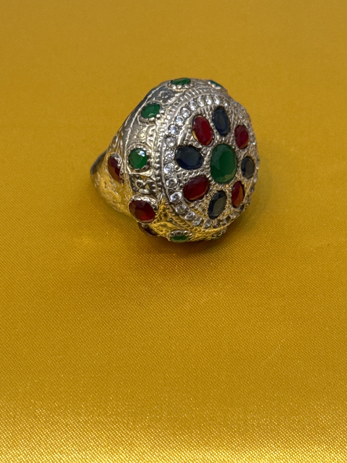 Traditional Rajasthani / Afghani One-of-a-Kind Cocktail Ring with 10 CWT Ruby, Sapphire, Emerald, IOLITE and Spinel in Sterling Silver Size: 10 Weight: 14.7 SKU: RS004W