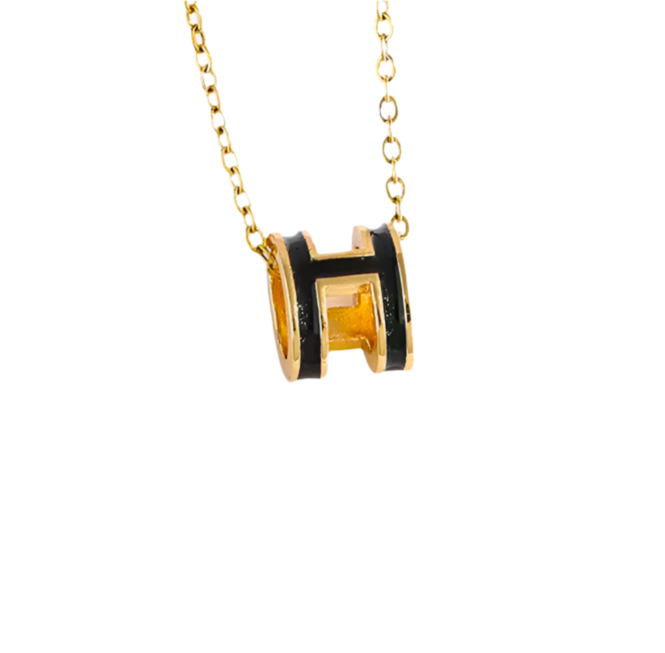 Designer Inspired Gold Plated Titanium Steel Modern “H” letter Enamel in Orange Pendent with Chain