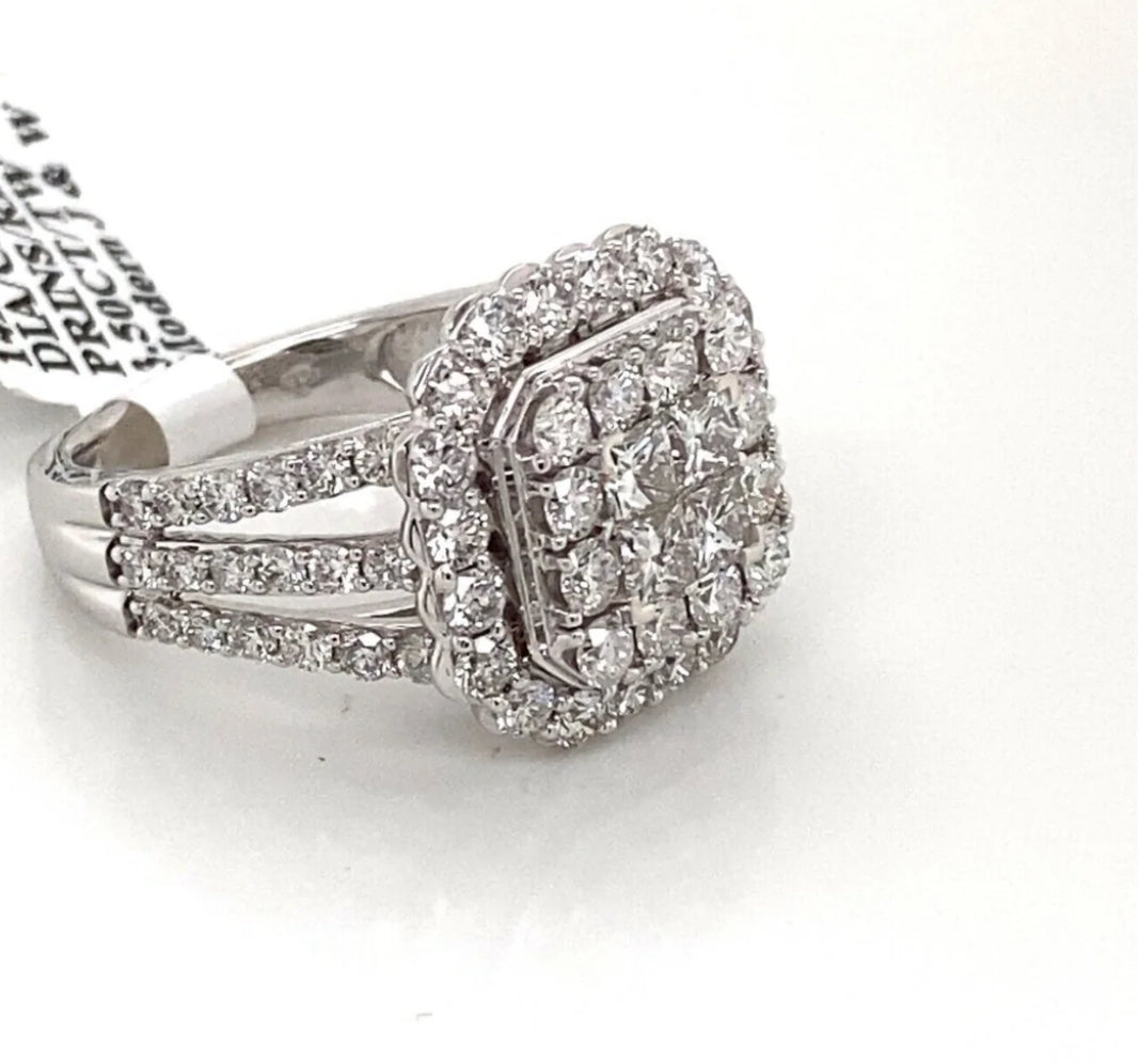 14k White Gold 3.50 CT Certified Natural Diamond Cluster Ring, Size 10