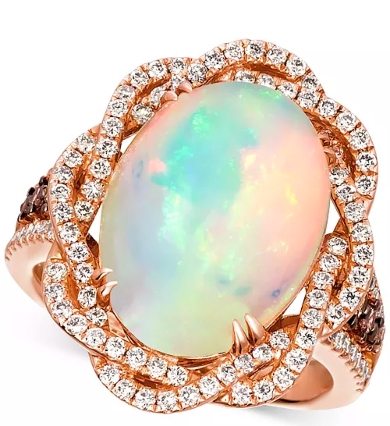 Levian Neopolitan Opal™ (4-1/2 ct. t.w.) ring, set in a braided halo of Nude Diamonds™ with Chocolate Diamonds® (over 1 ct. t.w.) shimmering from the openwork shank in 14k Rose Gold- size 10