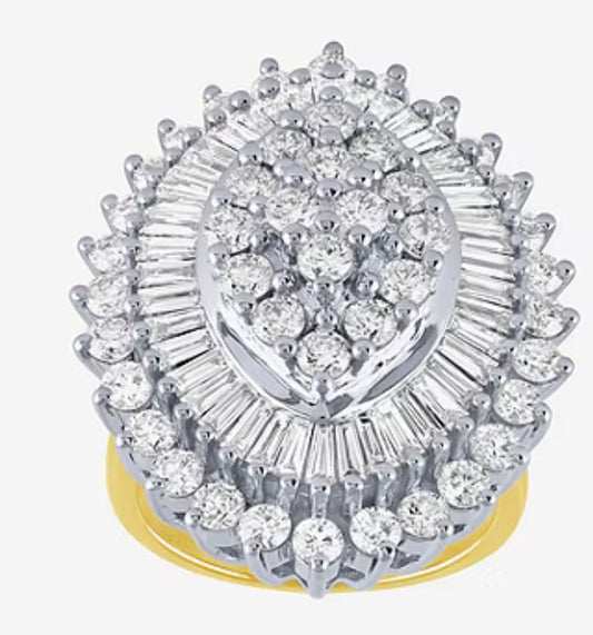Womens 4 CT. T.W. White Diamond Two Tone Rhodium plated 10K Gold Cluster Cocktail Ring - size 10 (resizable)