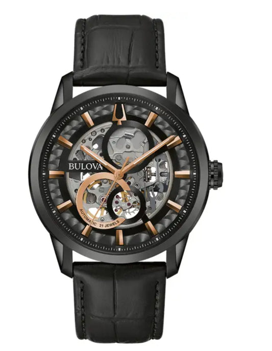 Bulova Men's Automatic Sutton Black Leather Strap Watch 43mm, A Macy's Exclusive - Black
