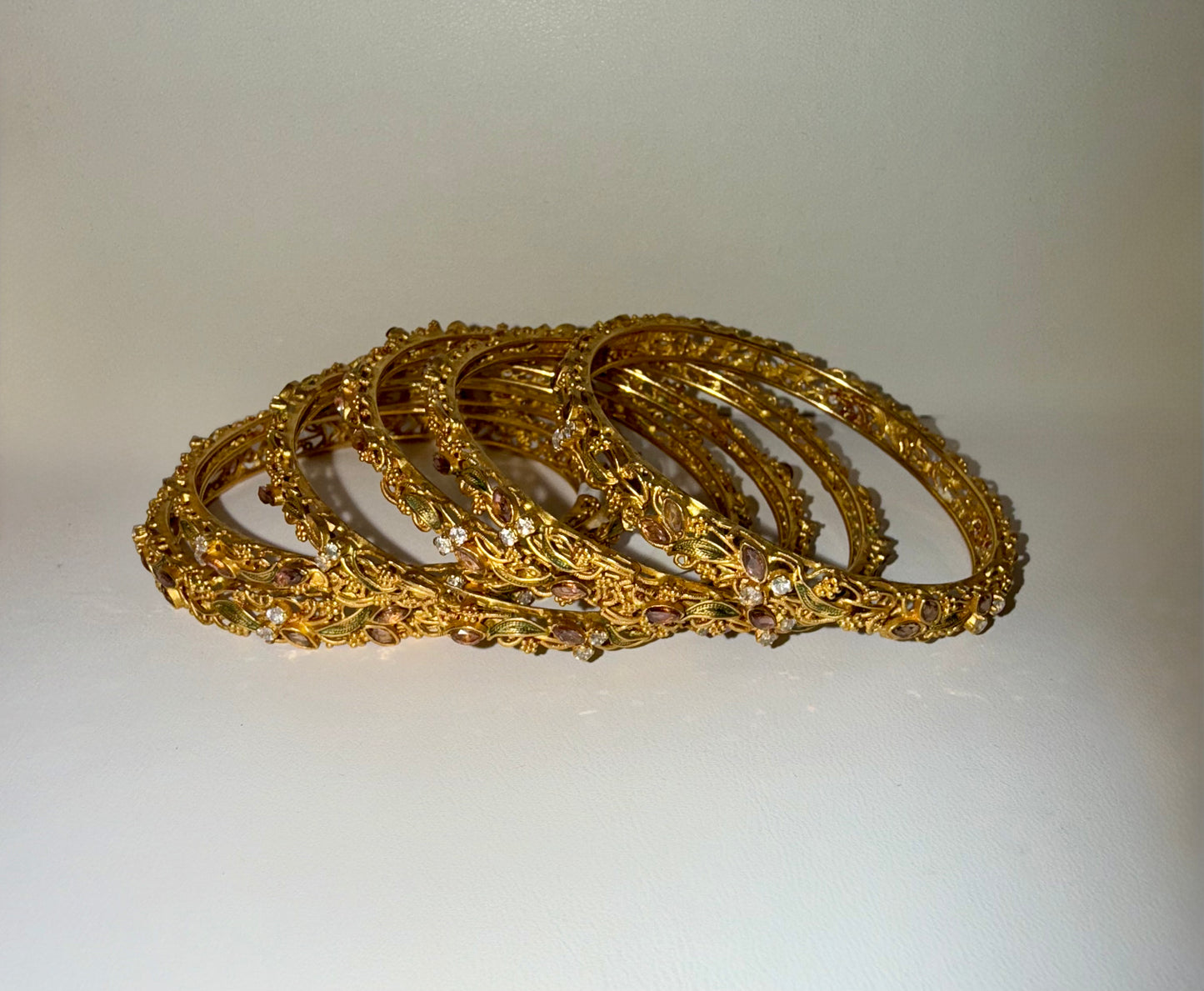 22K Gold Handmade Wedding 6 Bangles Set Polki (uncut natural diamonds), Enamal and Crystals (Zirconia) 106.2g SKU: BR019