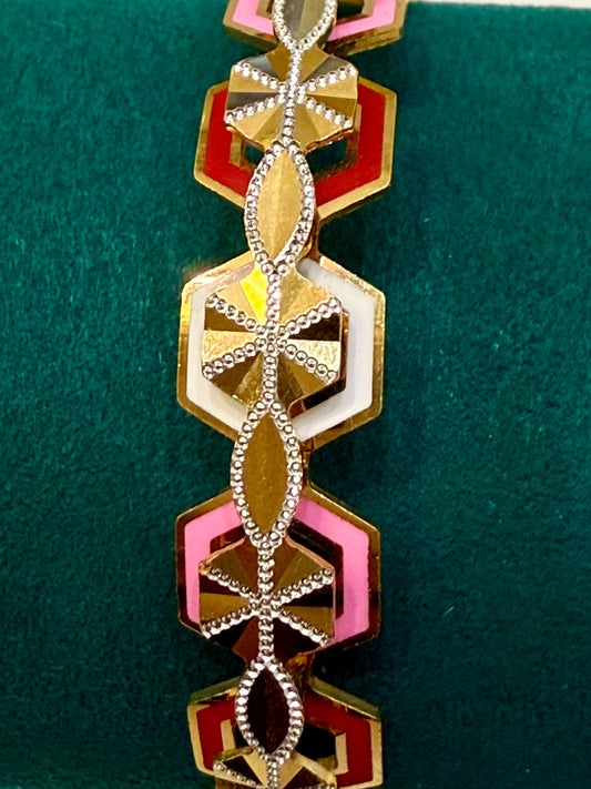 ORO Italian Designer 22K in Tri Color (Red, Pink, White) Enamel with Rhodium Plated Stackable Bangle size 2.6, 31.36g SKU: BR082