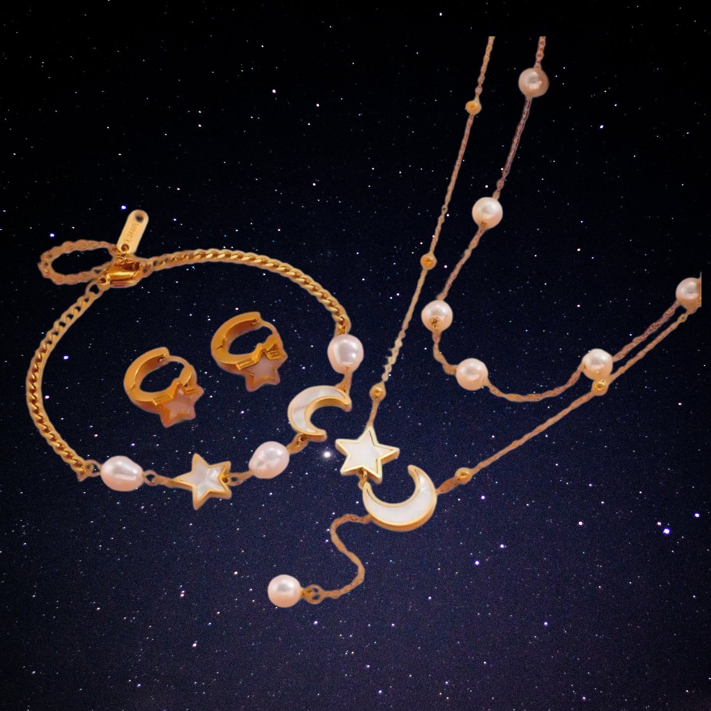 Moon & Stars mother of pearls 18k Gold plated Sterling Silver earrings, no Fade no lead (pro 65 compliant)