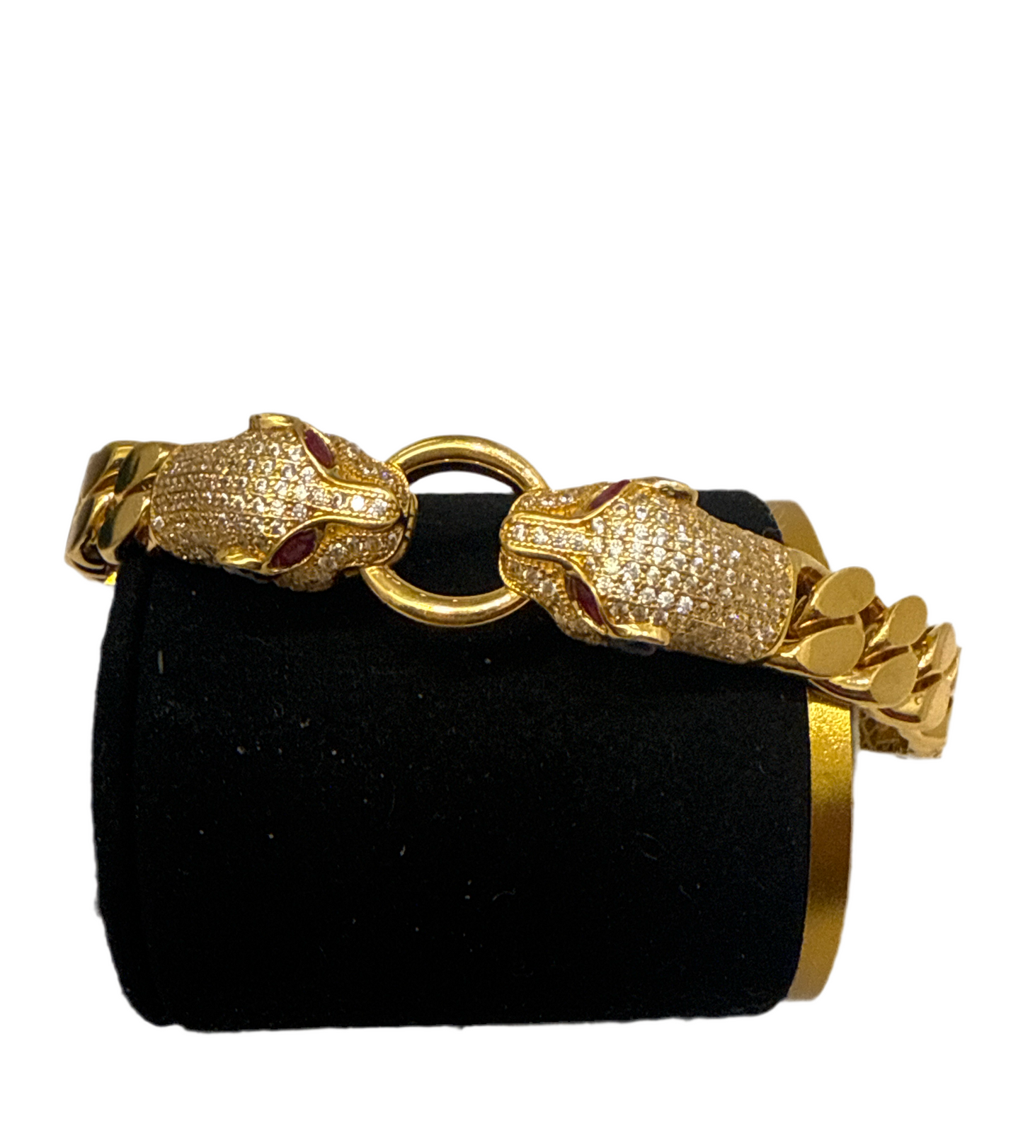 Classic Custom Design Cuff Bracelet with Two Panther Heads with a Ring with over 6 CT Ruby, Sapphire and Natural Crystals in 22K Gold. SKU: BR056