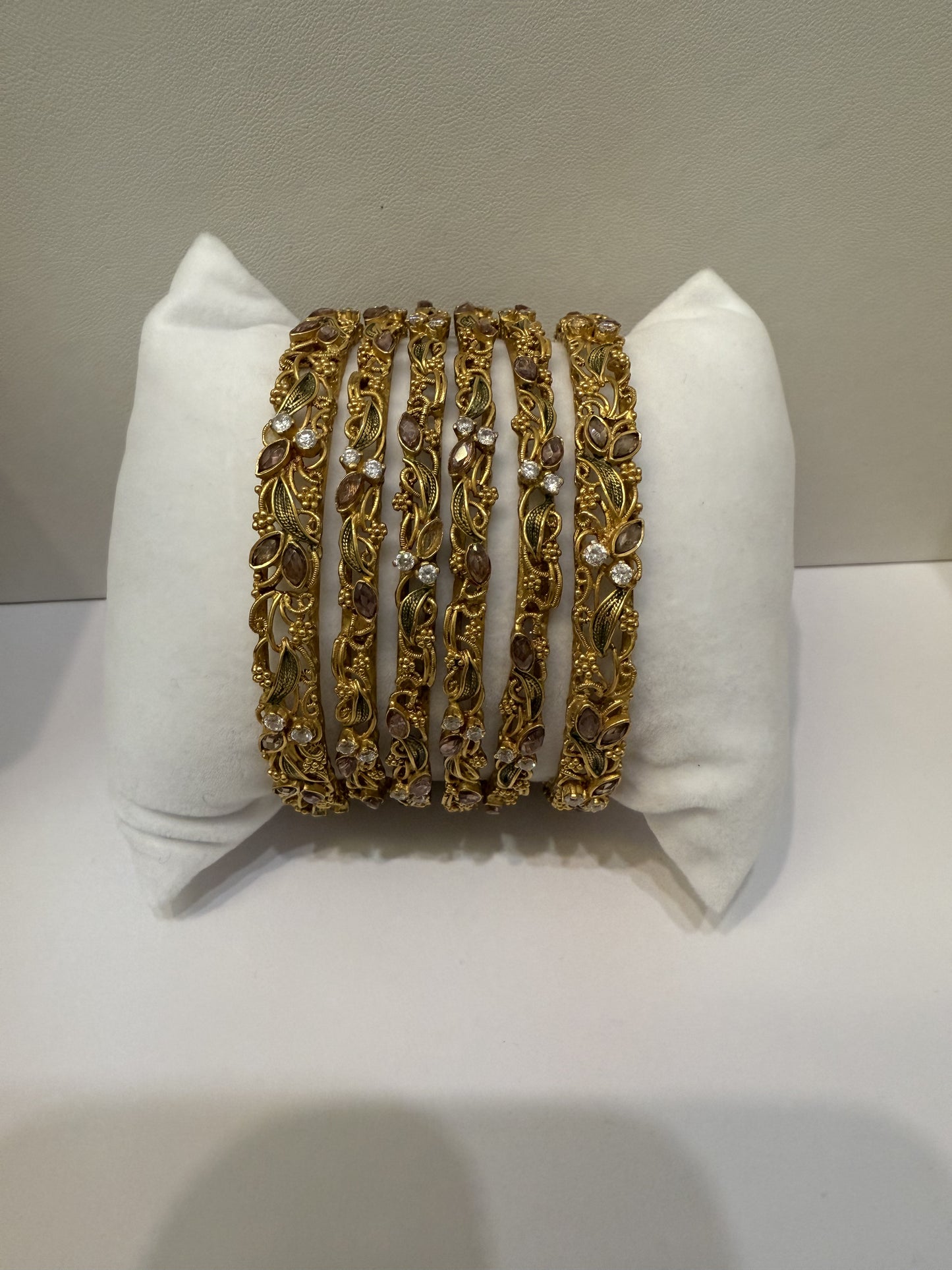 22K Gold Handmade Wedding 6 Bangles Set Polki (uncut natural diamonds), Enamal and Crystals (Zirconia) 106.2g SKU: BR019