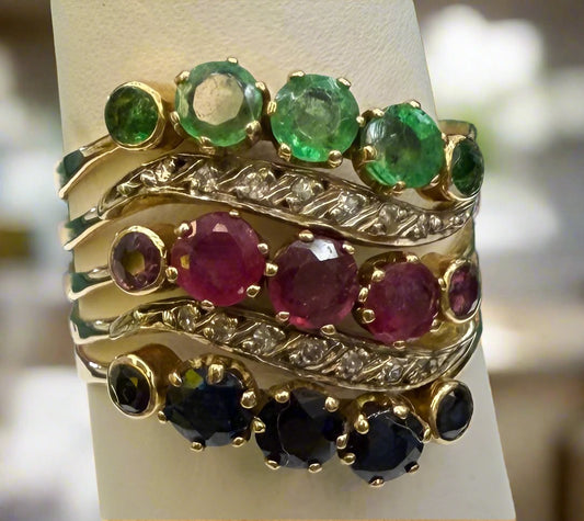 Custom Design Solid 14K Gold 6CT Diamond, Emerald, Sapphire & Ruby with Multiple Bands