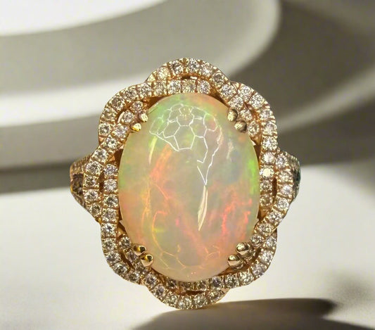 Levian Neopolitan Opal™ (4-1/2 ct. t.w.) ring, set in a braided halo of Nude Diamonds™ with Chocolate Diamonds® (over 1 ct. t.w.) shimmering from the openwork shank in 14k Rose Gold- size 10