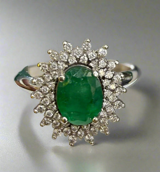 18K White Gold Natural Emerald Solitaire 3.80CTW and 2.25CTW Natural Brilliant Cut Pave Diamond Ring