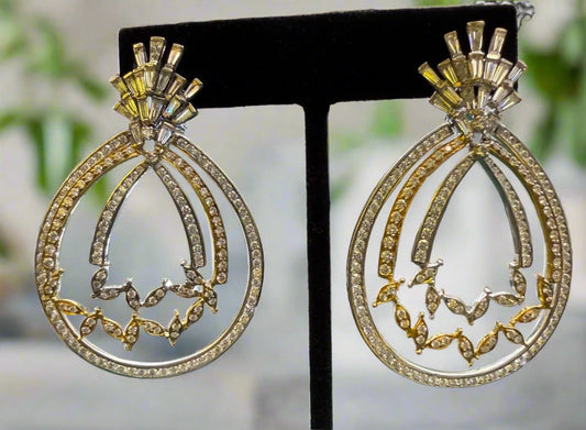 Luxury Custom Design 8.15 CT Natural Diamond Chandelier (multi tiered cluster) Earrings with Round and Baguette Cut in White & Yellow 18k Gold